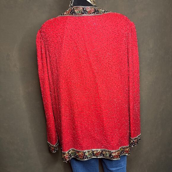 Laurence Kazar Red Beaded Silk Open Front Jacket Cardigan Plus Size 2X - Picture 9 of 13